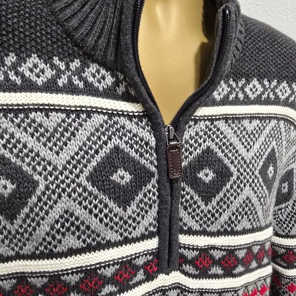 Fair Isle Ski Sweater Mens XXL Gray White Red Nordic Alpine 1/4 Zip Winter Snow - Picture 2 of 9